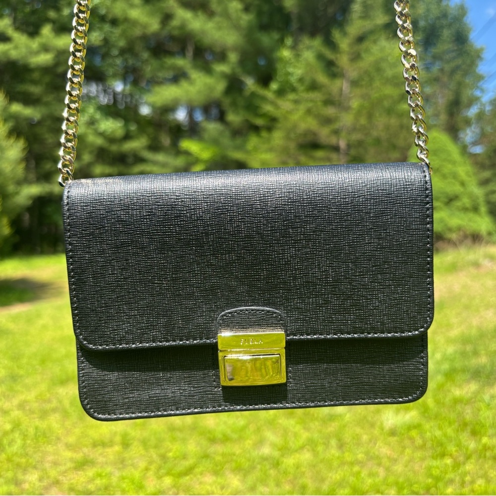 Furla Black Leather Crossbody with Gold Chain - Picture 3 of 16